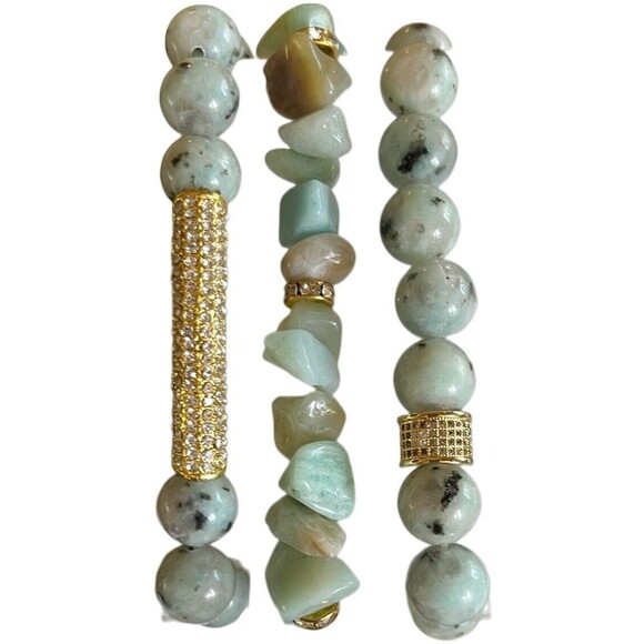 Gemstone Beaded Bracelet Set Stretchable Kiwi Beads/Amazonite Chips/Rhinestones - Picture 2 of 7